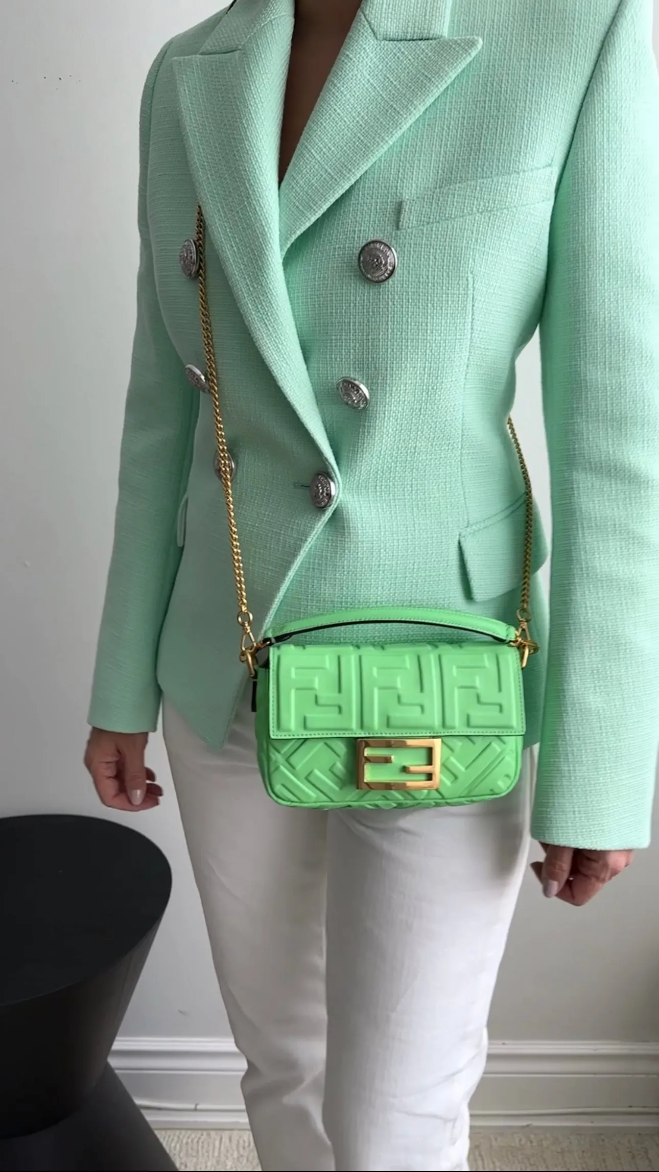 Fendi Edamame Bright Green Embossed Leather Mini Baguette Bag