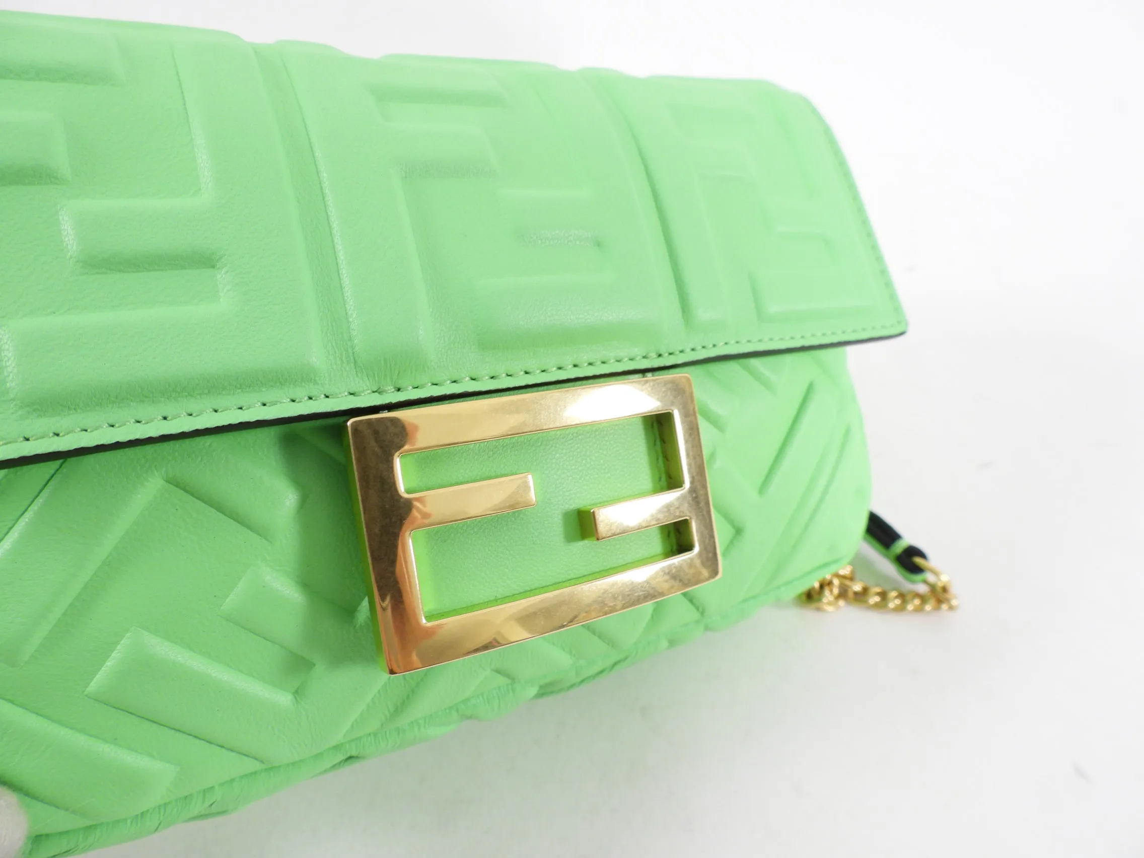 Fendi Edamame Bright Green Embossed Leather Mini Baguette Bag