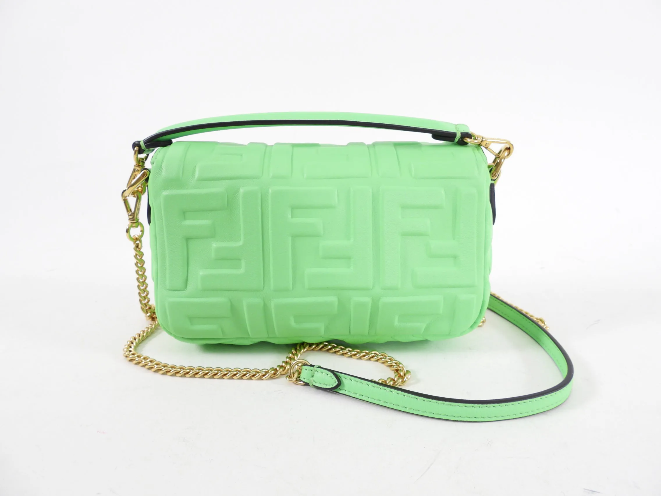 Fendi Edamame Bright Green Embossed Leather Mini Baguette Bag