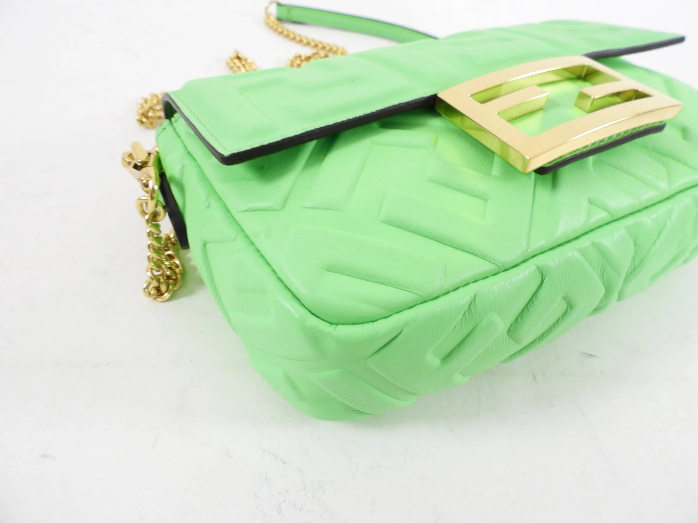 Fendi Edamame Bright Green Embossed Leather Mini Baguette Bag