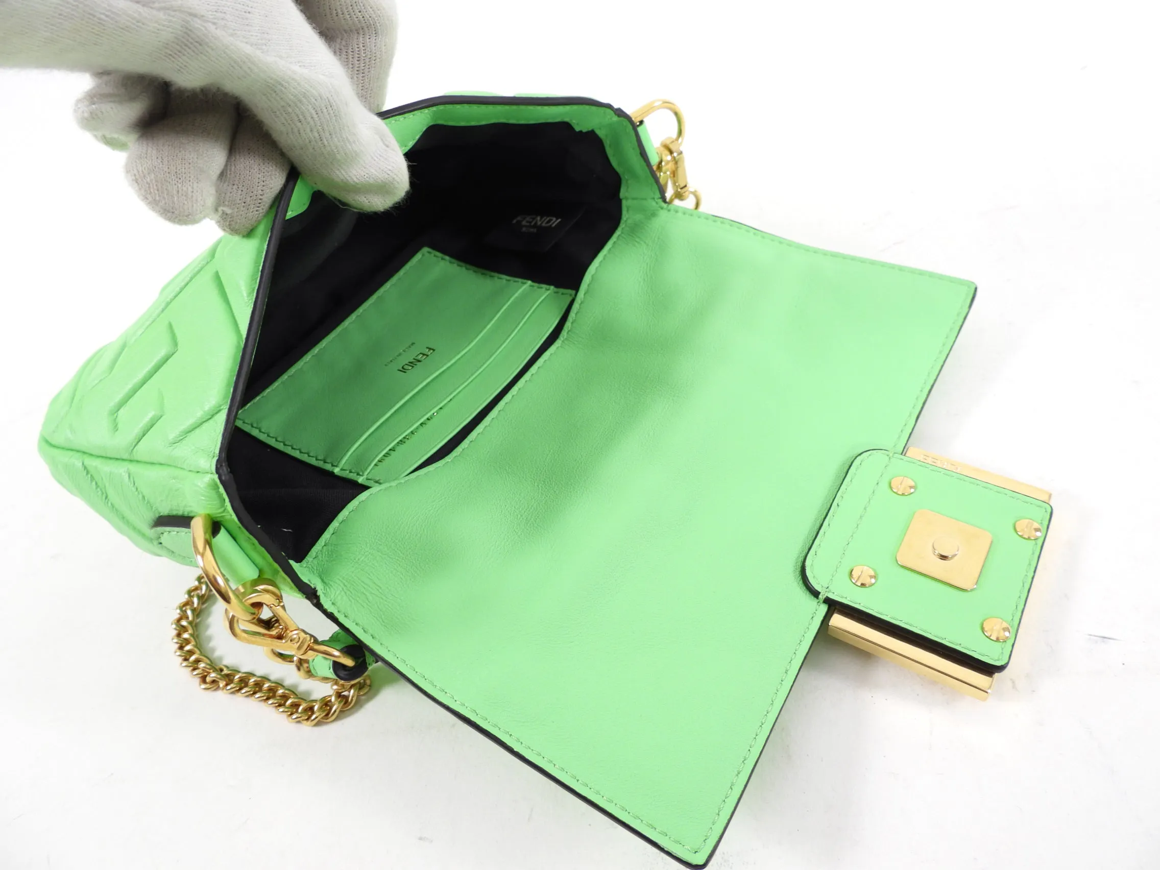 Fendi Edamame Bright Green Embossed Leather Mini Baguette Bag