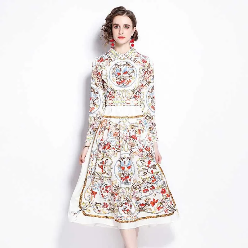 Floral Print Vintage Elegant Midi Long Vestidos Women Dress