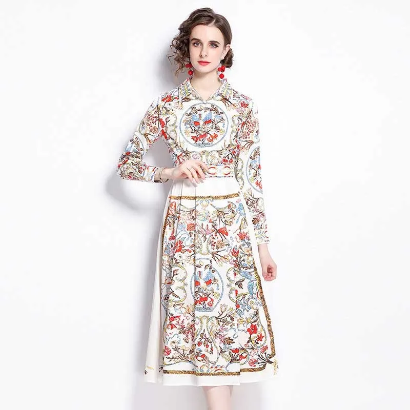 Floral Print Vintage Elegant Midi Long Vestidos Women Dress