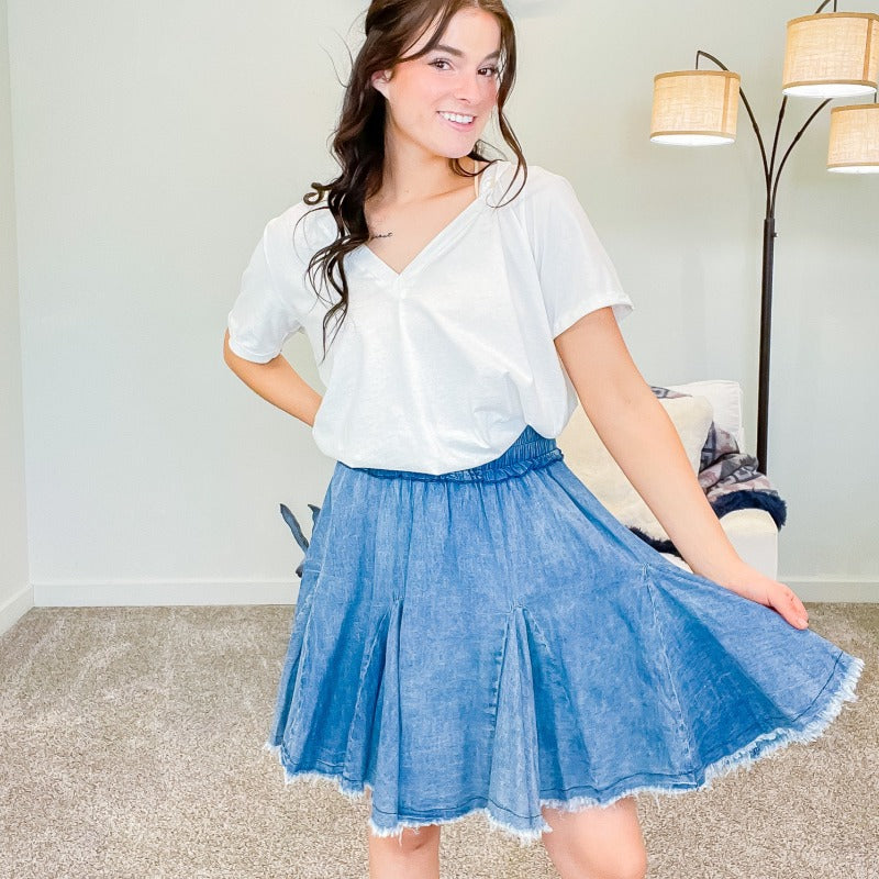 Flowy Wide Yoke Pleated Jean Skirt