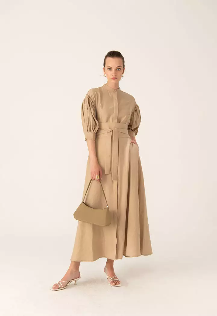 Gathered Sleeve Long Shirt Dress