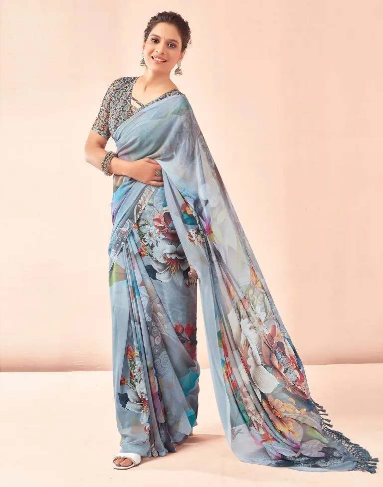 Gray Georgette Printed Sarees