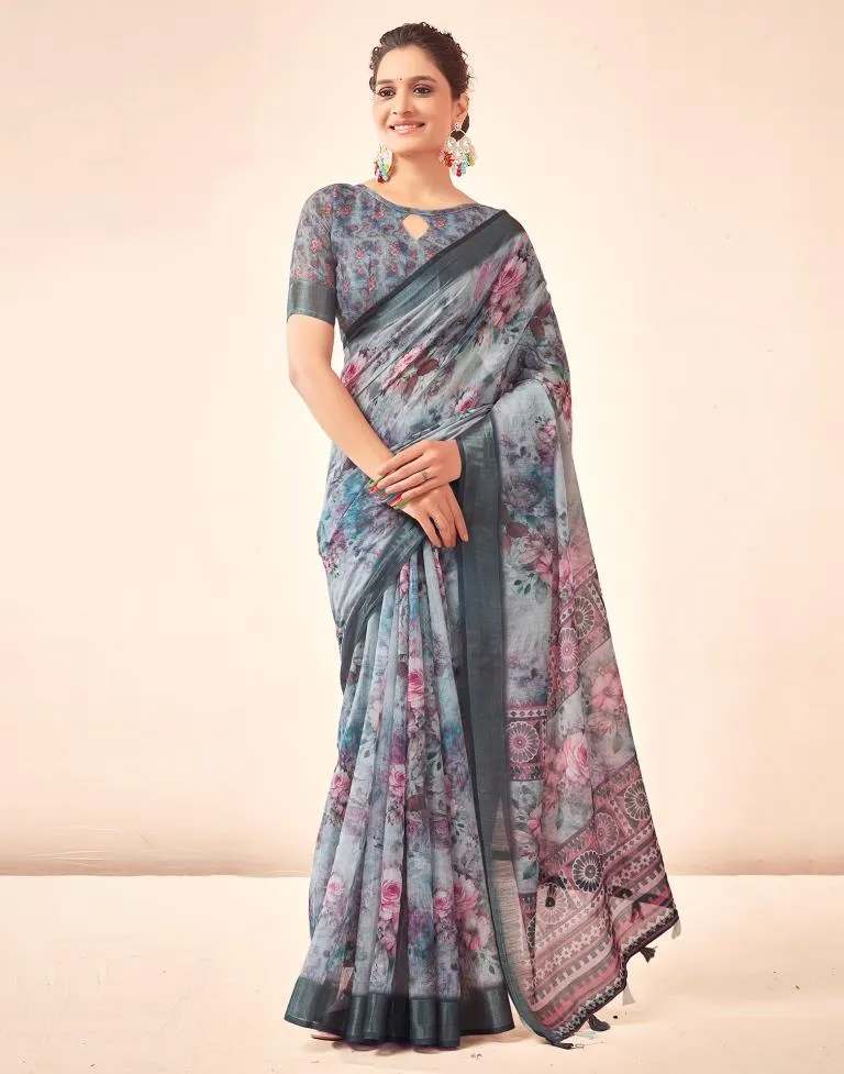 Grey Linen Printed Sarees