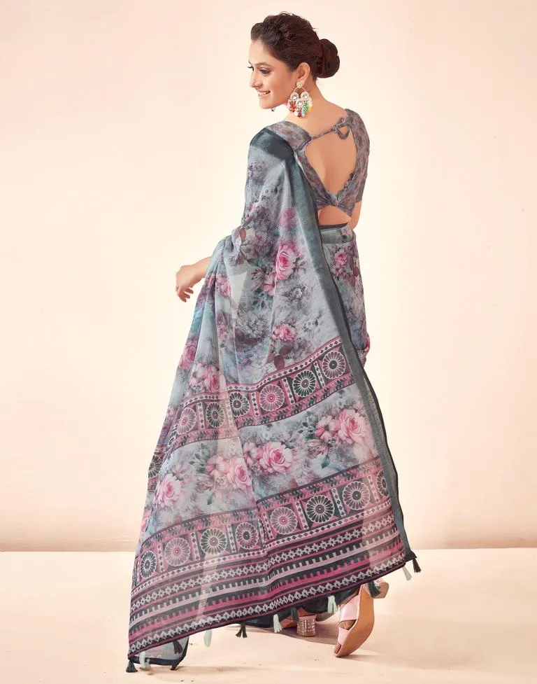 Grey Linen Printed Sarees