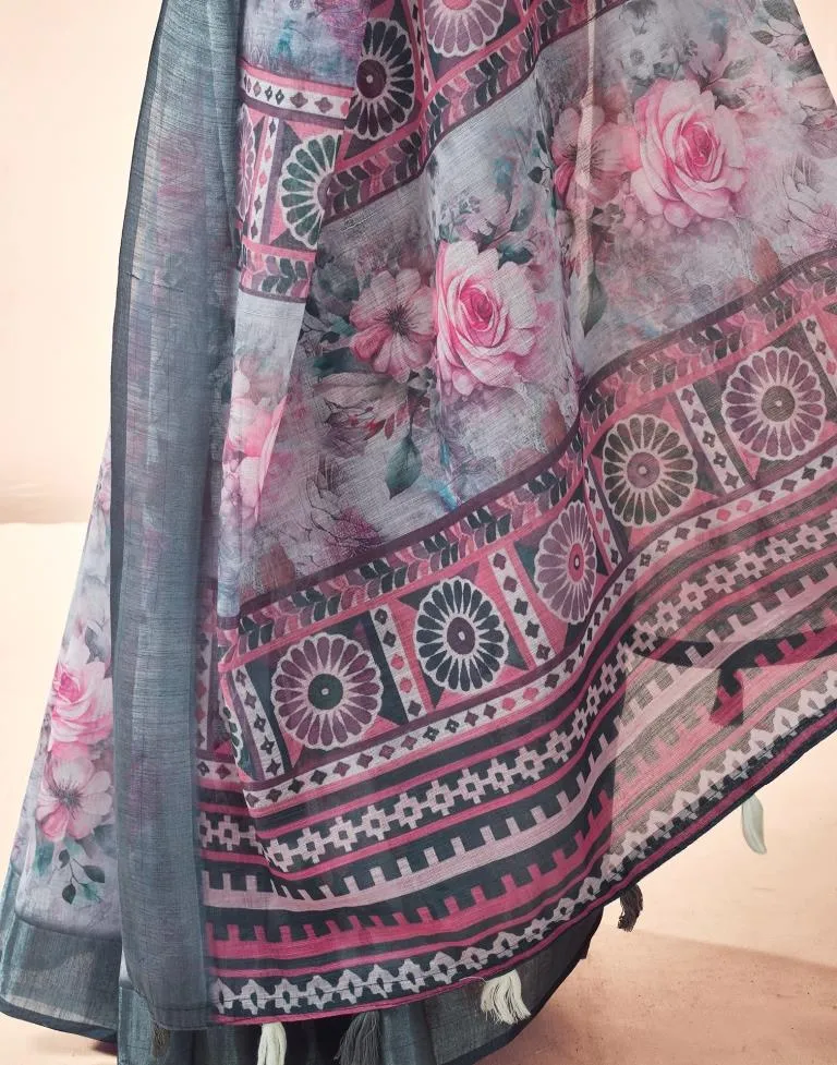 Grey Linen Printed Sarees