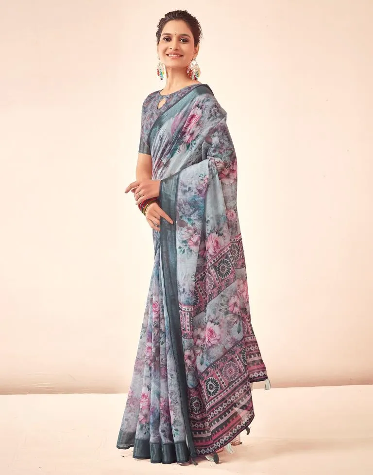 Grey Linen Printed Sarees