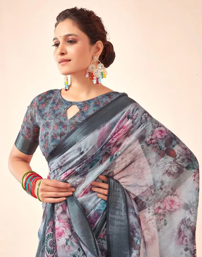 Grey Linen Printed Sarees