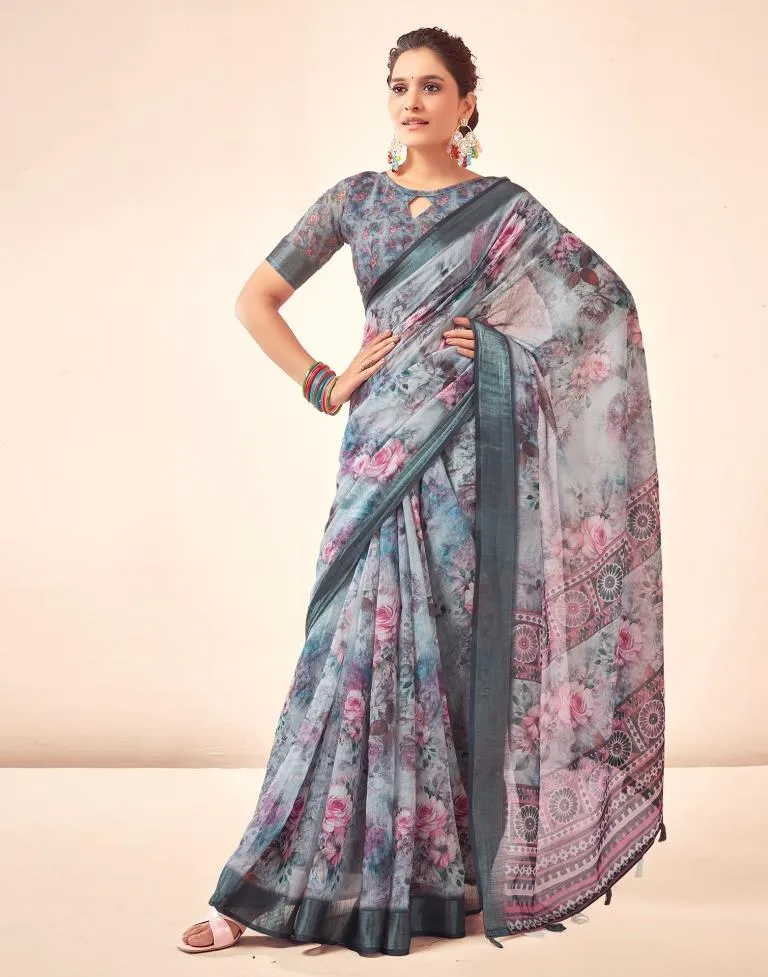 Grey Linen Printed Sarees