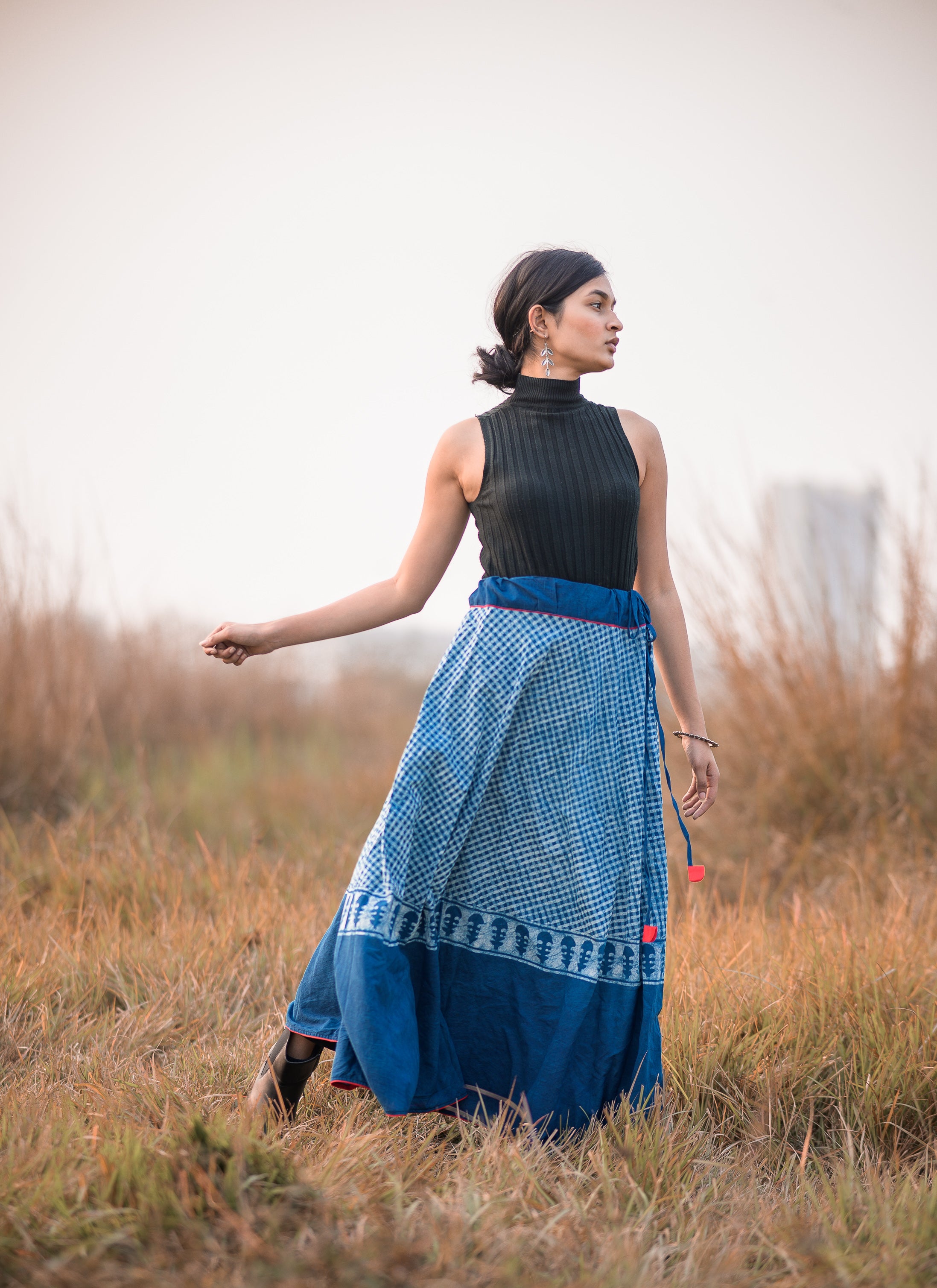 Kaisori Indigo Dabu striped handblockprinted  skirt