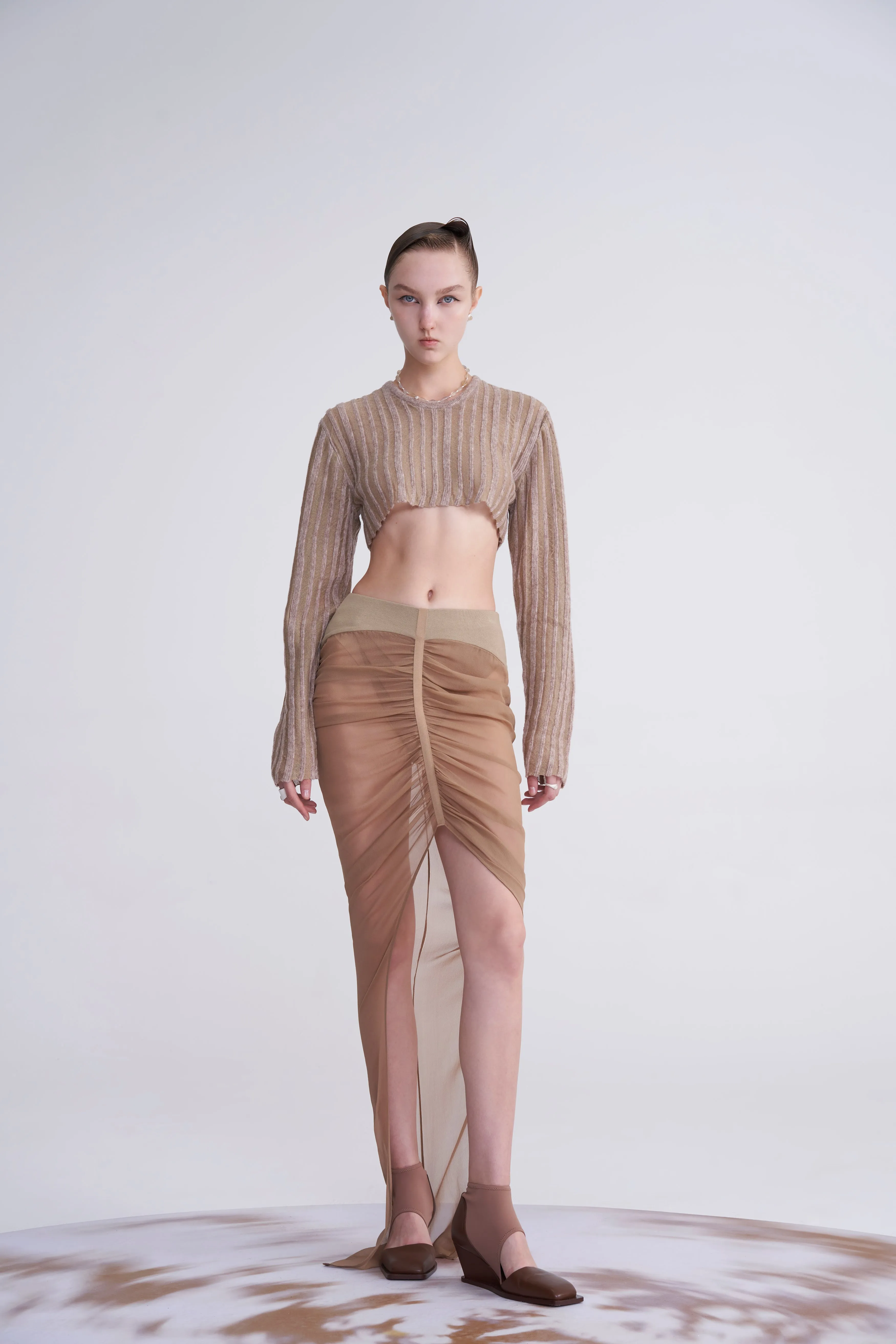 KHAKI CHIFFON PANELED GATHERED SKIRT