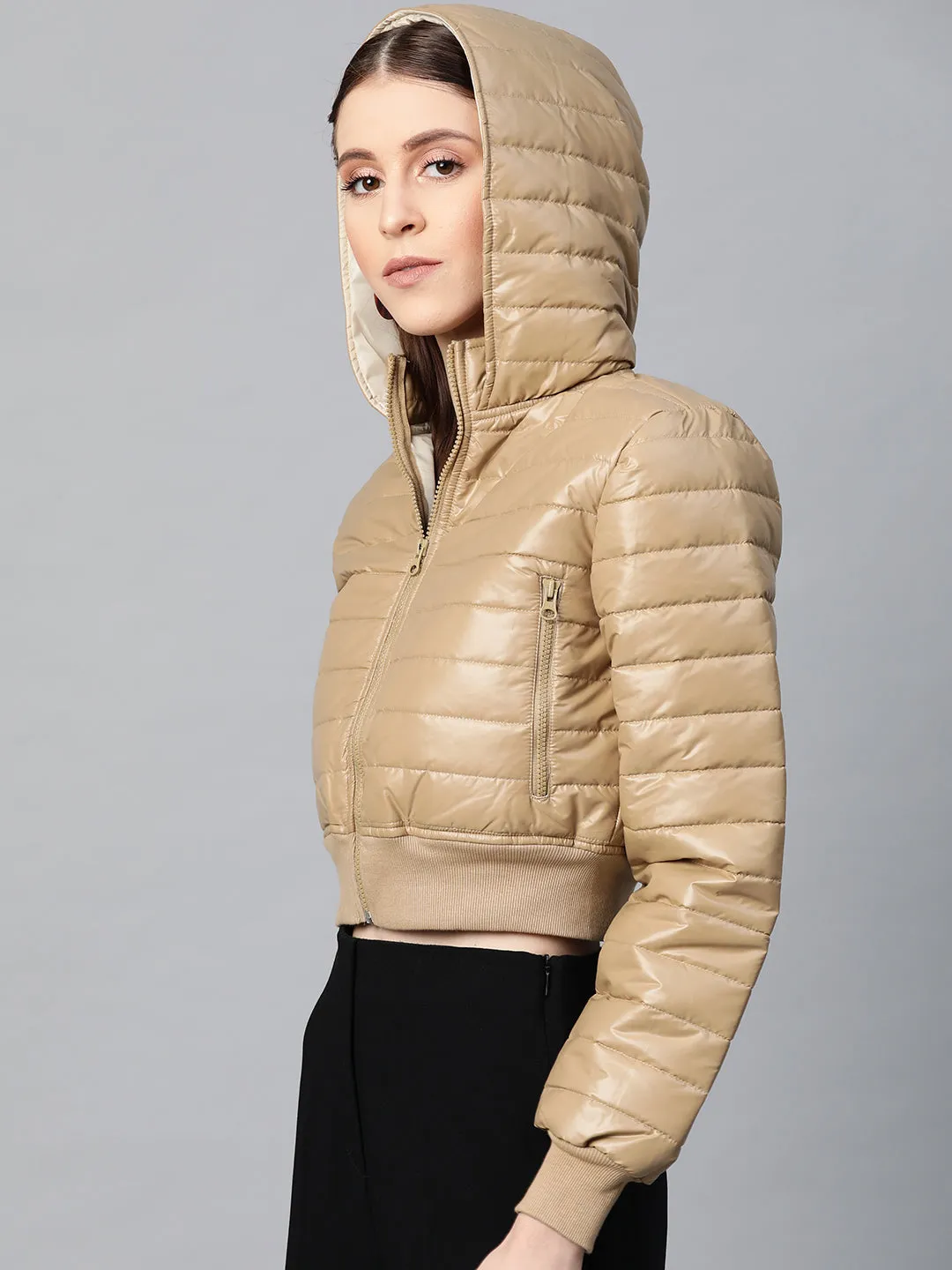 Khaki Hooded Crop Bomber Puffer Jacket