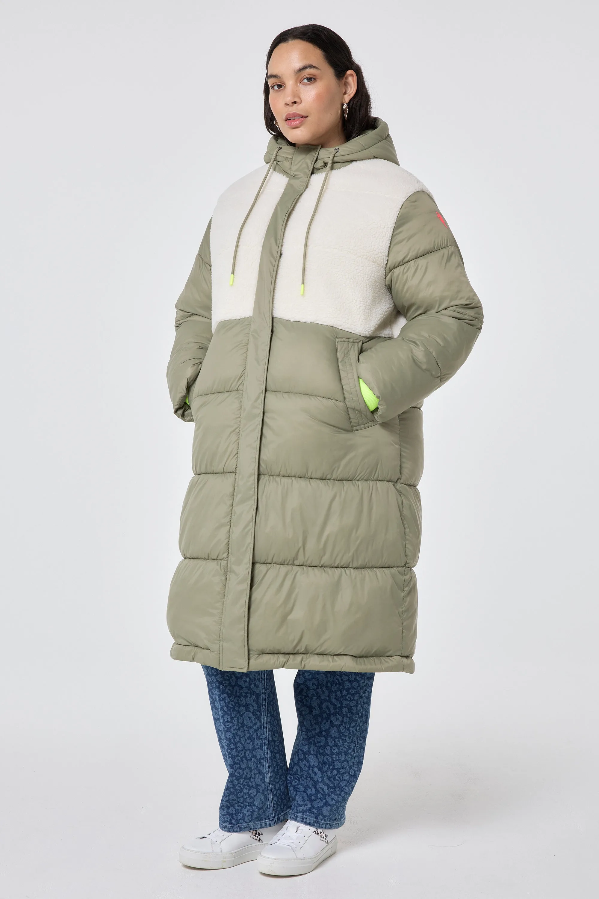 Khaki Quilted with Borg Longline Puffer Coat