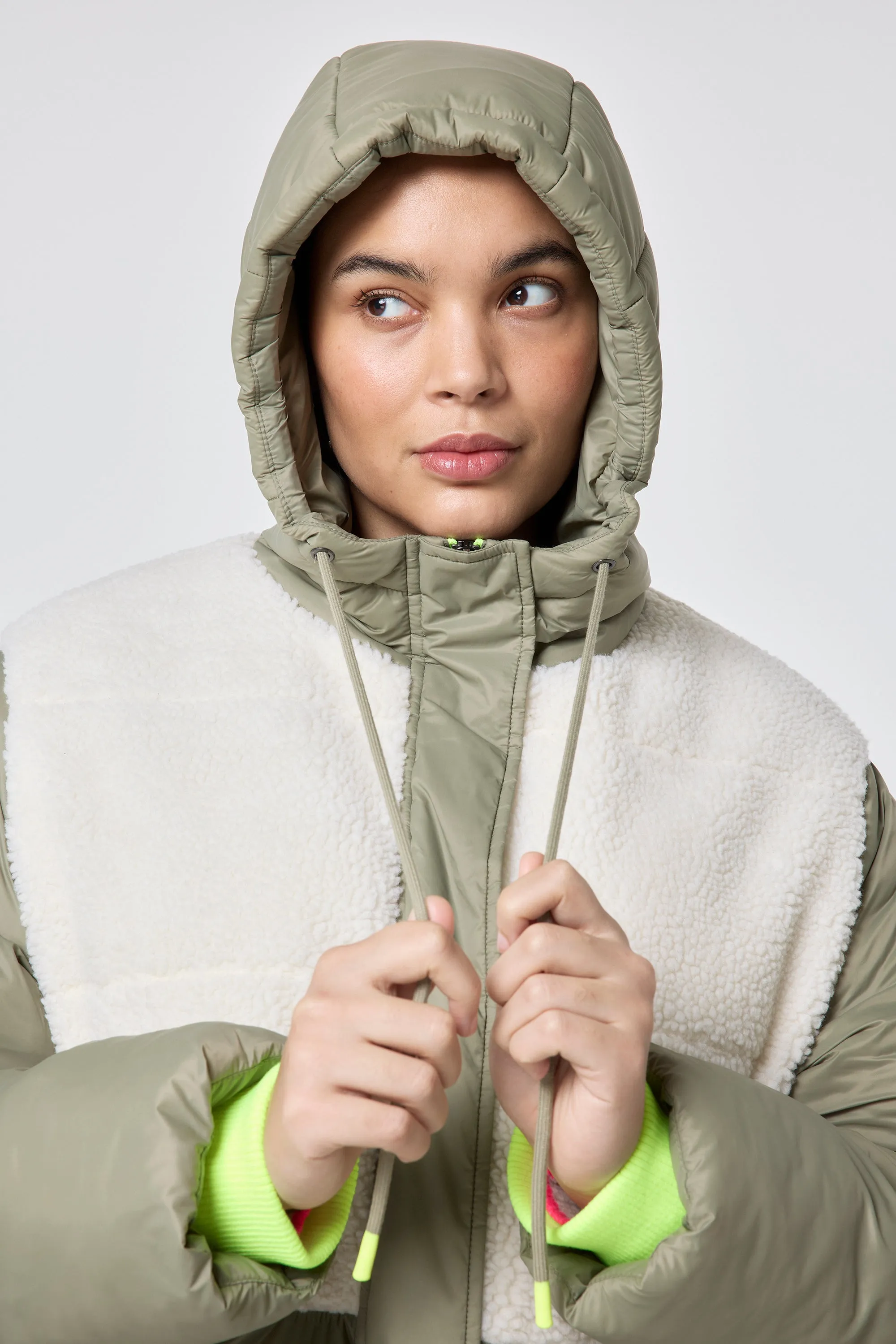 Khaki Quilted with Borg Longline Puffer Coat