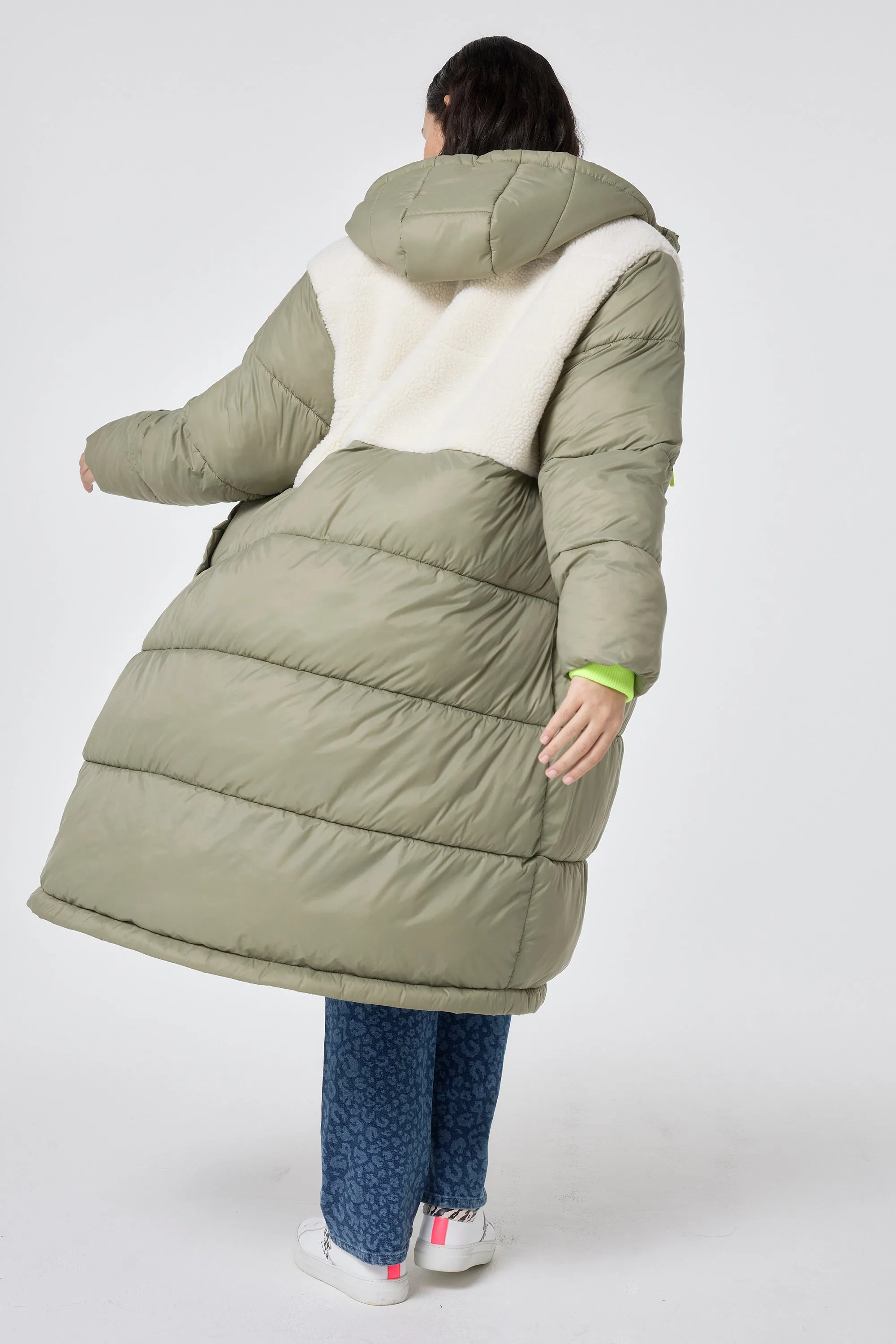 Khaki Quilted with Borg Longline Puffer Coat