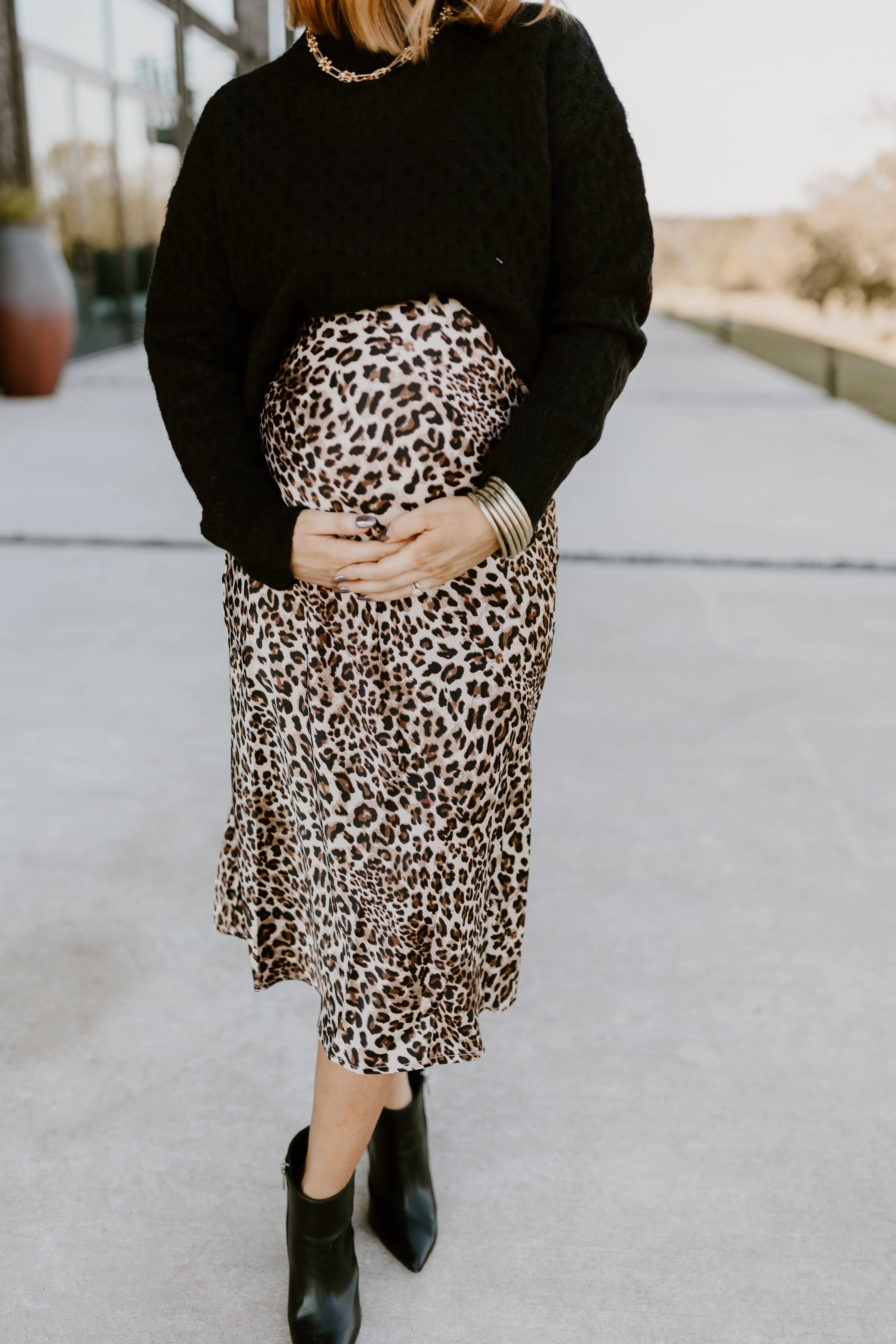 Leopard Beige Satin Midi Skirt