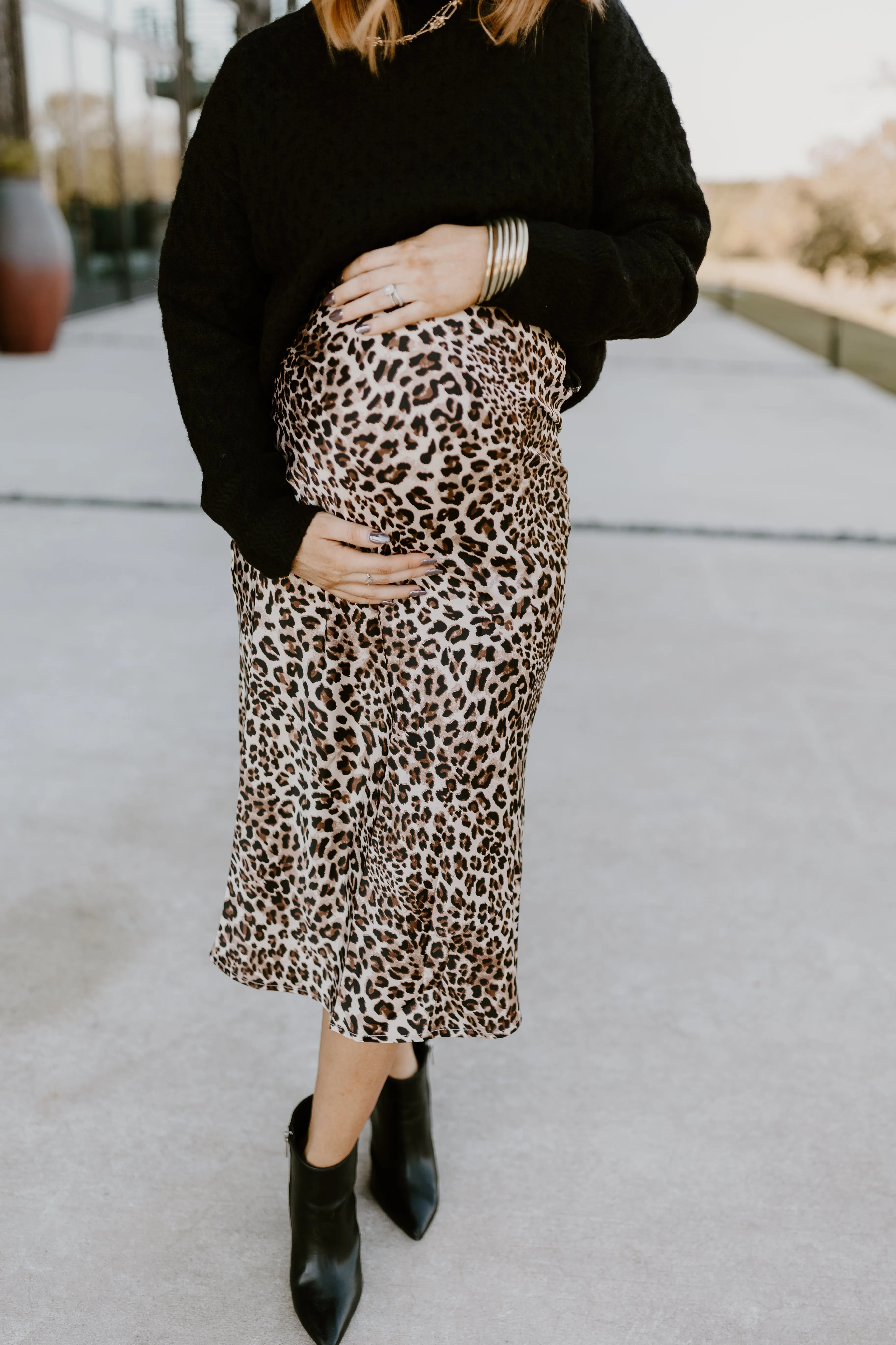 Leopard Beige Satin Midi Skirt