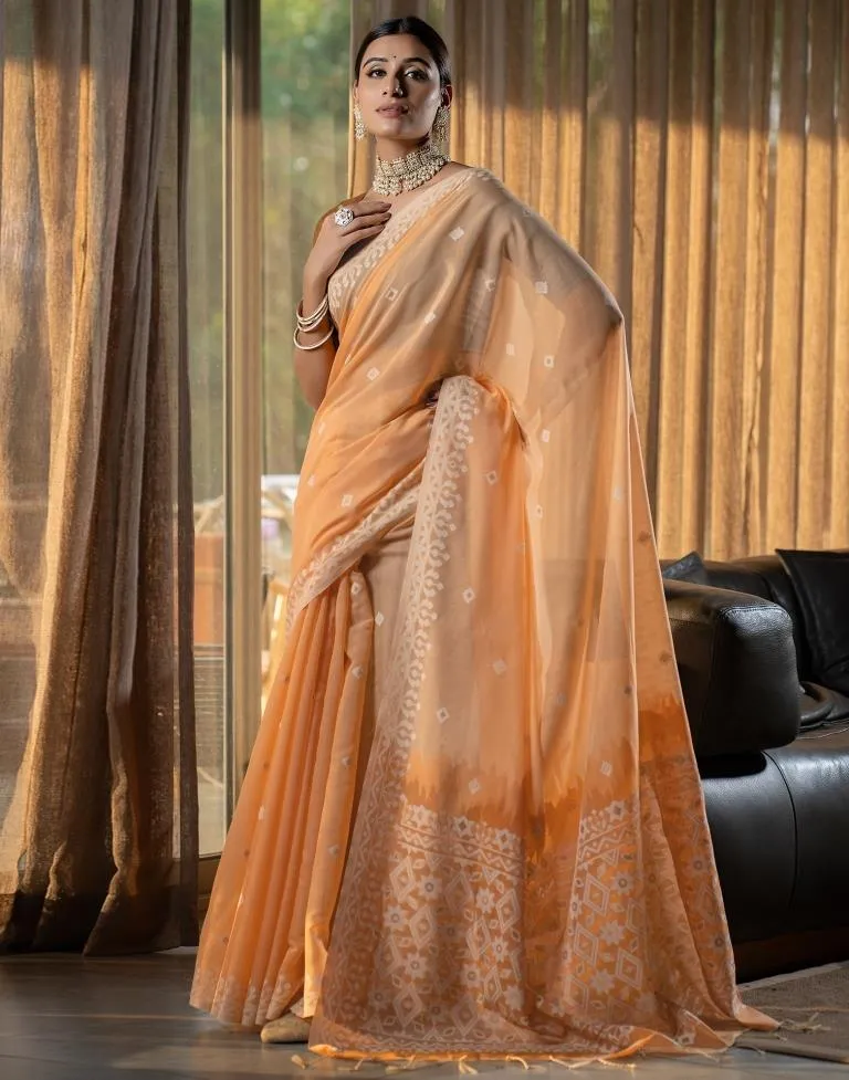 Light Orange Cotton Woven Sarees