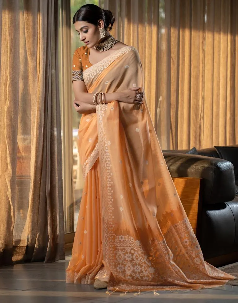 Light Orange Cotton Woven Sarees