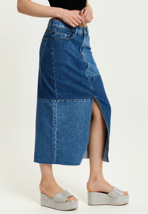 Liquorish Blue Denim Midi Skirt