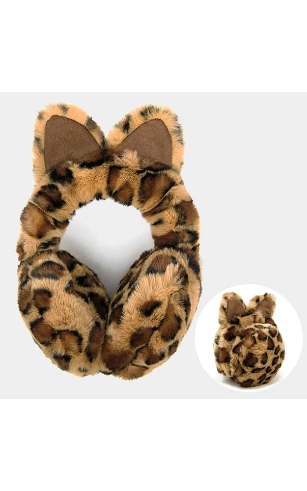 LOE002 Brown Leopard Cat Ear Faux Fur Earmuffs