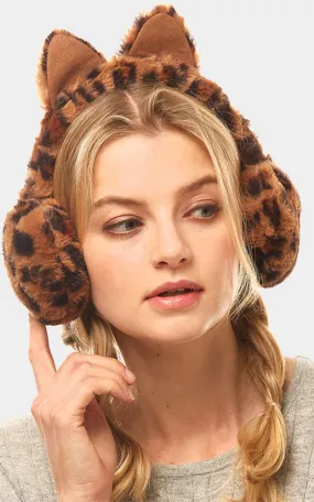 LOE002 Brown Leopard Cat Ear Faux Fur Earmuffs