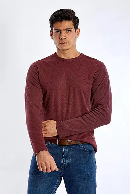 Long Sleeve Round Neck Plain T-Shirt - DARK WINE