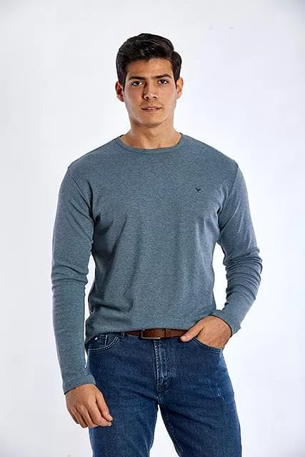 Long Sleeve Round Neck Plain T-Shirt - INDIGO