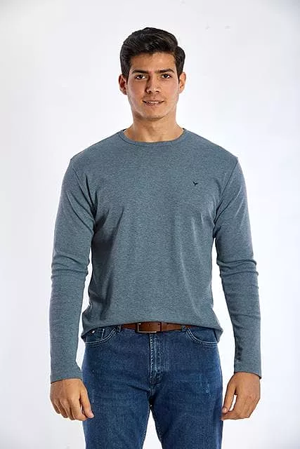 Long Sleeve Round Neck Plain T-Shirt - INDIGO