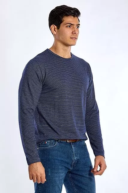 Long Sleeve Round Neck Striped T-Shirt - NAVY