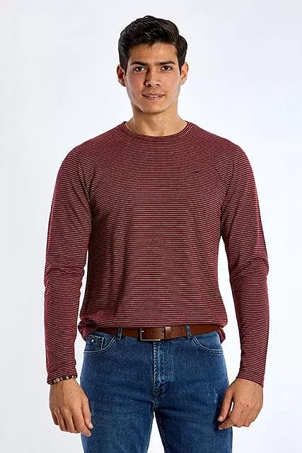 Long Sleeve Round Neck Striped T-Shirt - WINE