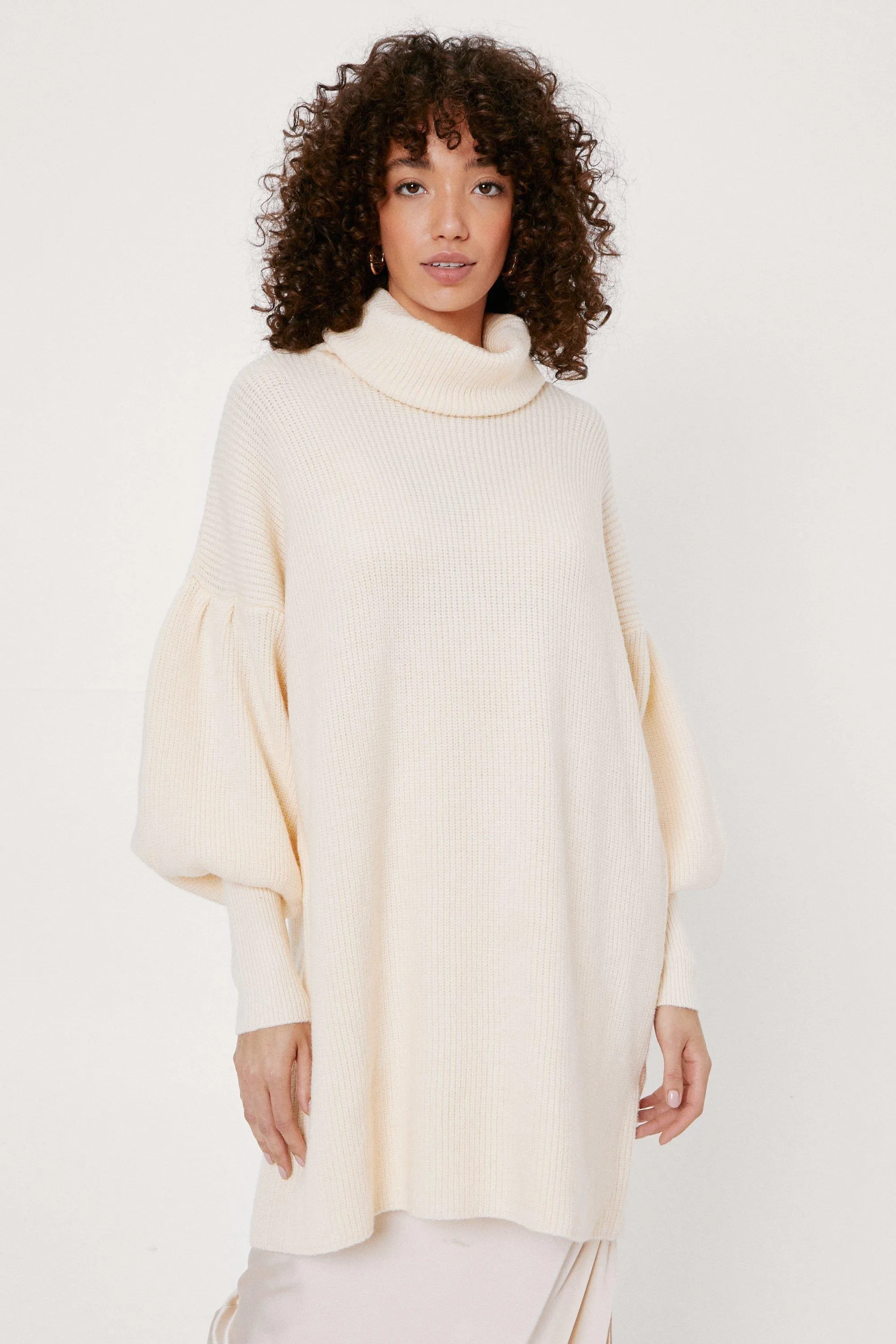 Longline Turtleneck Puff Sleeve Chunky Sweater