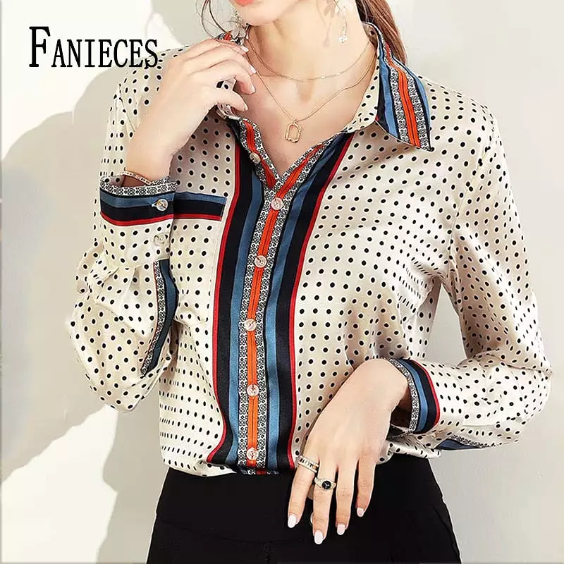 Luxury Print Slim Women Shirt Vintage Button Up Long Sleeve Blouses Office Turn Down Collar Satin Tops Блузки Рубашки