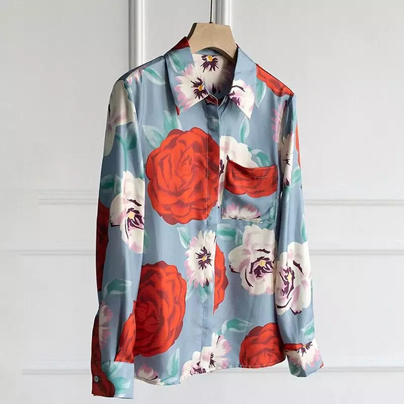 Luxury Print Slim Women Shirt Vintage Button Up Long Sleeve Blouses Office Turn Down Collar Satin Tops Блузки Рубашки