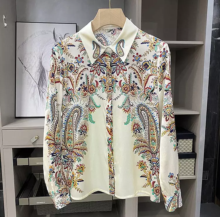 Luxury Print Slim Women Shirt Vintage Button Up Long Sleeve Blouses Office Turn Down Collar Satin Tops Блузки Рубашки