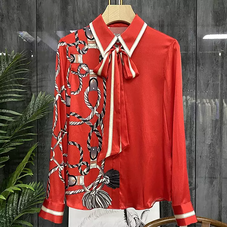 Luxury Print Slim Women Shirt Vintage Button Up Long Sleeve Blouses Office Turn Down Collar Satin Tops Блузки Рубашки