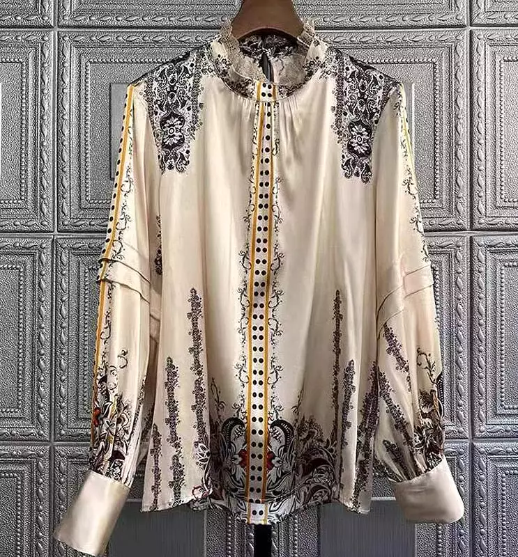 Luxury Print Slim Women Shirt Vintage Button Up Long Sleeve Blouses Office Turn Down Collar Satin Tops Блузки Рубашки