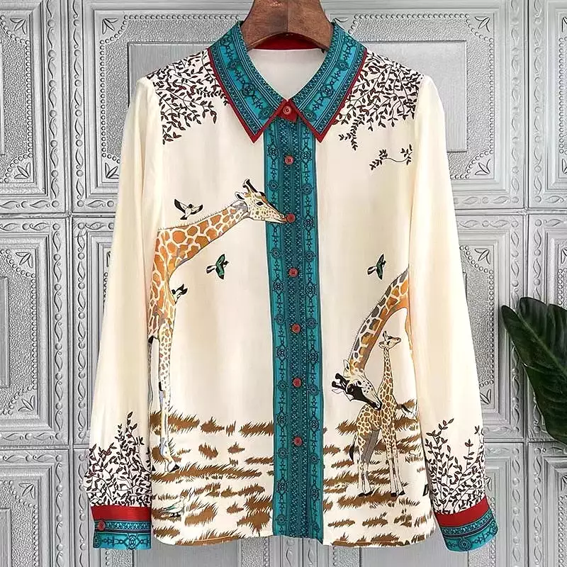 Luxury Print Slim Women Shirt Vintage Button Up Long Sleeve Blouses Office Turn Down Collar Satin Tops Блузки Рубашки