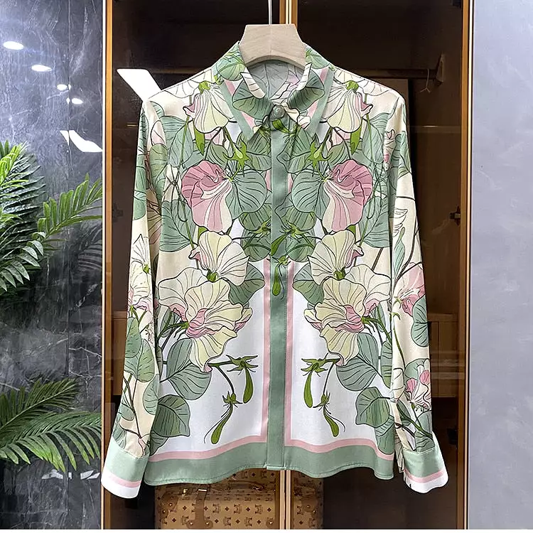 Luxury Print Slim Women Shirt Vintage Button Up Long Sleeve Blouses Office Turn Down Collar Satin Tops Блузки Рубашки