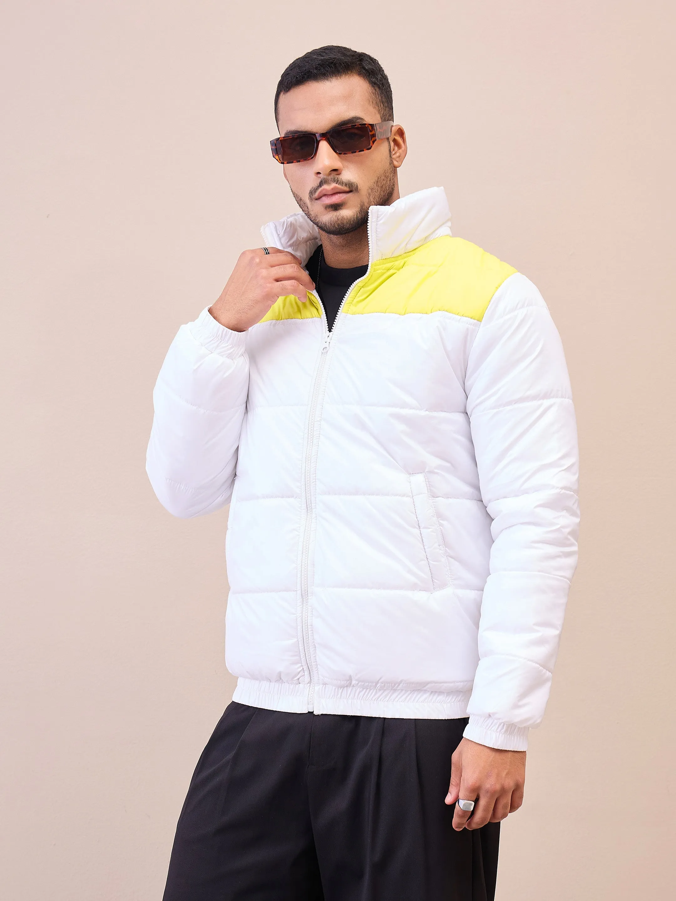 Men White & Yellow Puffer ColorBlock Jacket