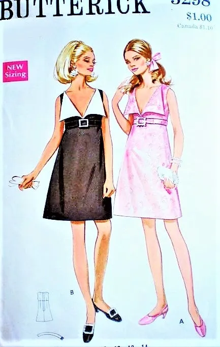 MOD 60s  Glam Cocktail Party Dress Pattern BUTTERICK 5298 Low V Neckline Wide Collar Empire Evening Dress Bust 34 Vintage Sewing