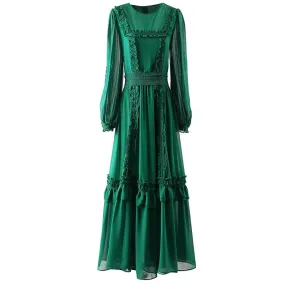 Myra O-Neck Lantern Sleeve Ruffles Green Vintage Dress