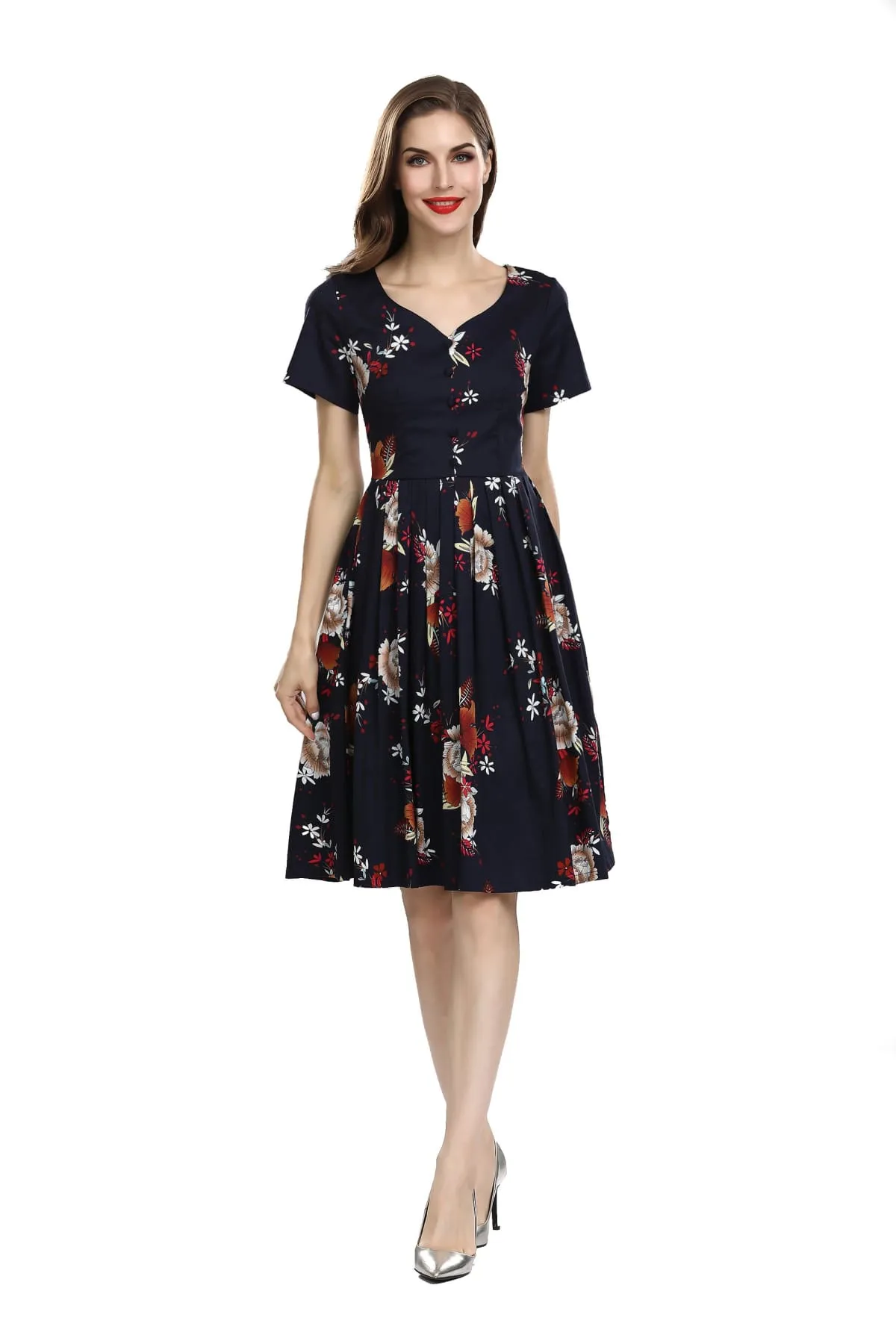 Navy with White Peony Sweetheart Pleated A-Line Dress with Fuchsia and White Daisy Short Sleeve Vintage Dress