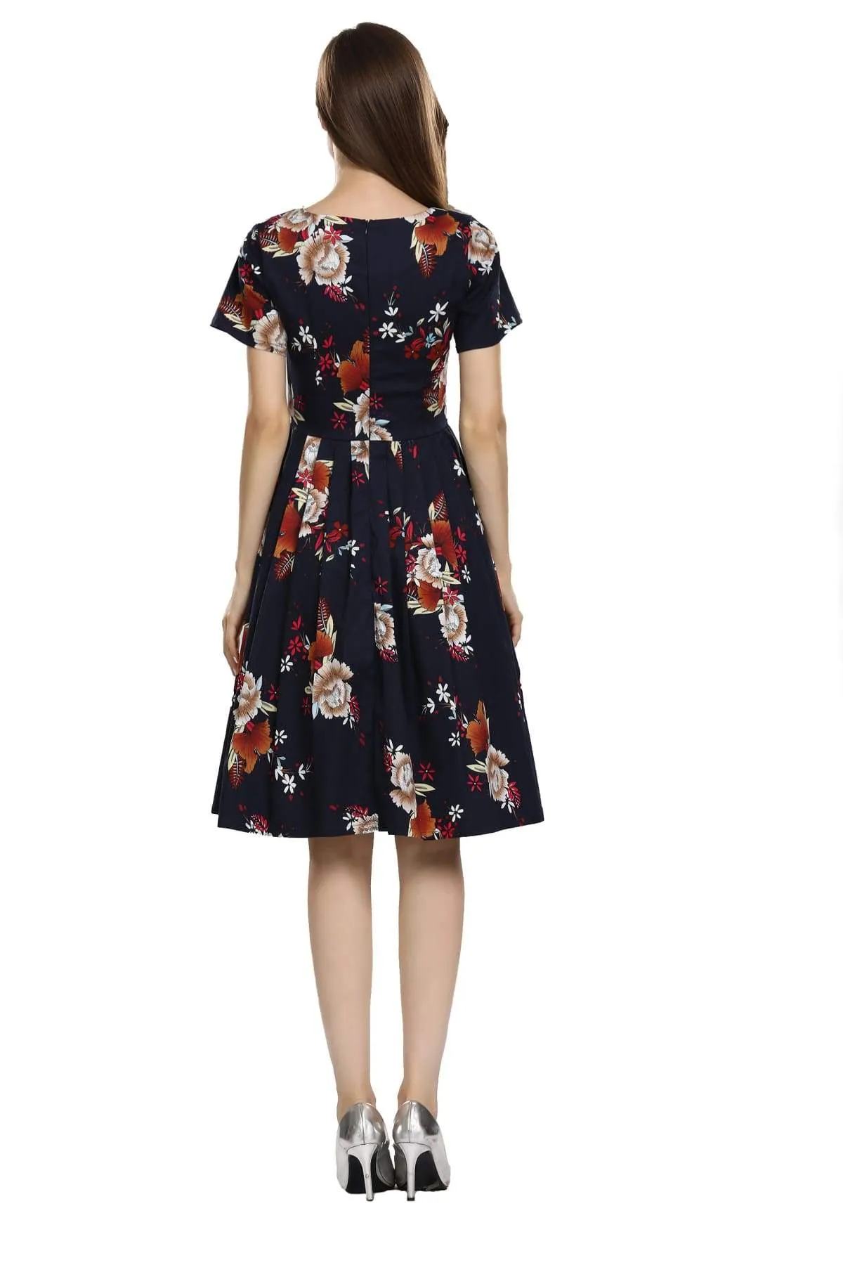 Navy with White Peony Sweetheart Pleated A-Line Dress with Fuchsia and White Daisy Short Sleeve Vintage Dress