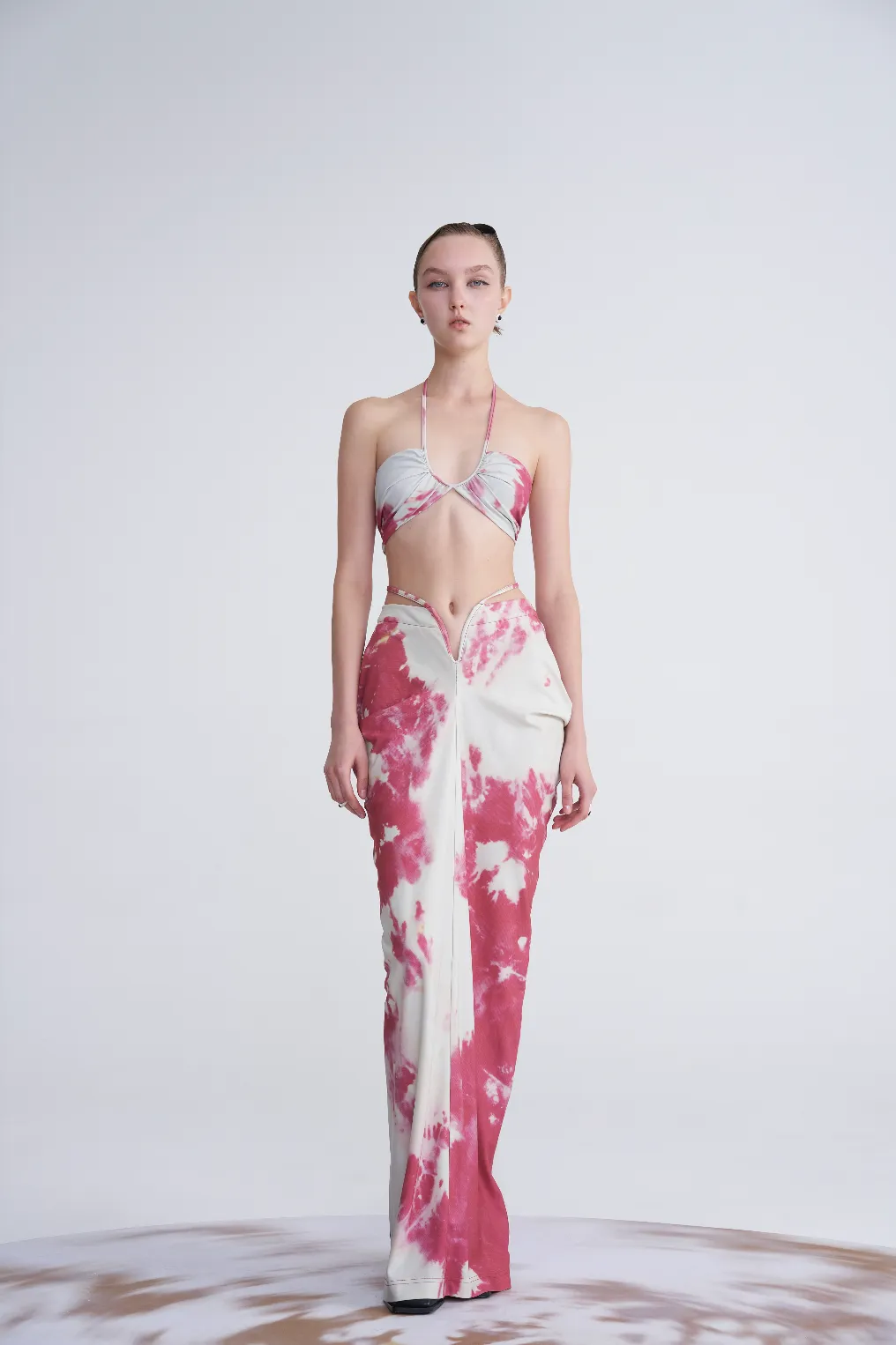 PINK AND WHITE TIE-WAIST PRINT DRAPED SKIRT