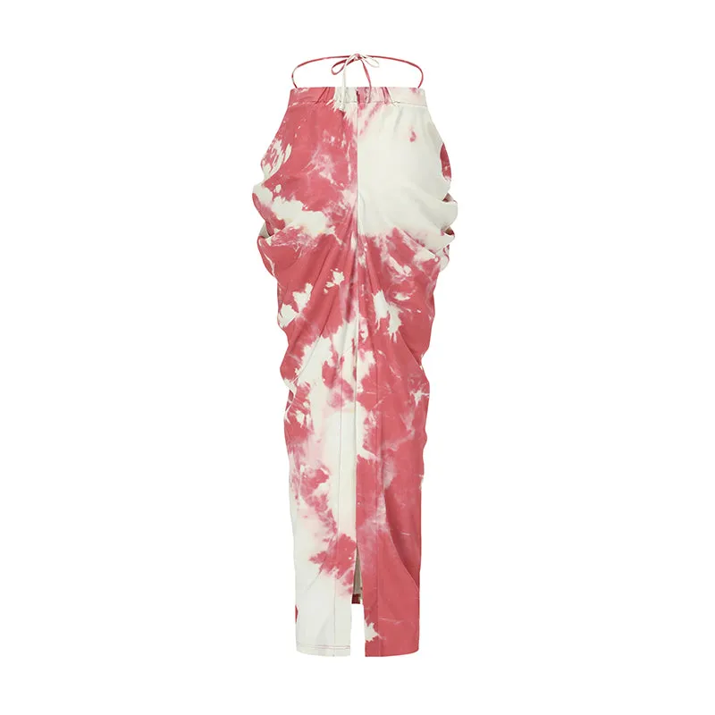 PINK AND WHITE TIE-WAIST PRINT DRAPED SKIRT