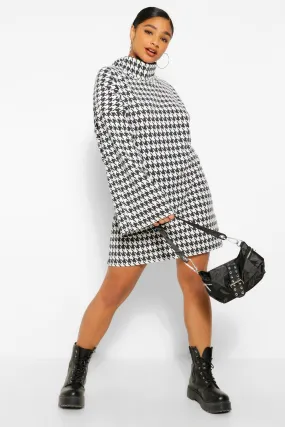 Plus Dogtooth Turtleneck Flare Sleeve Sweater Dress